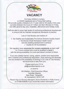 NURSERY ASSISTANT JOB ADVERT